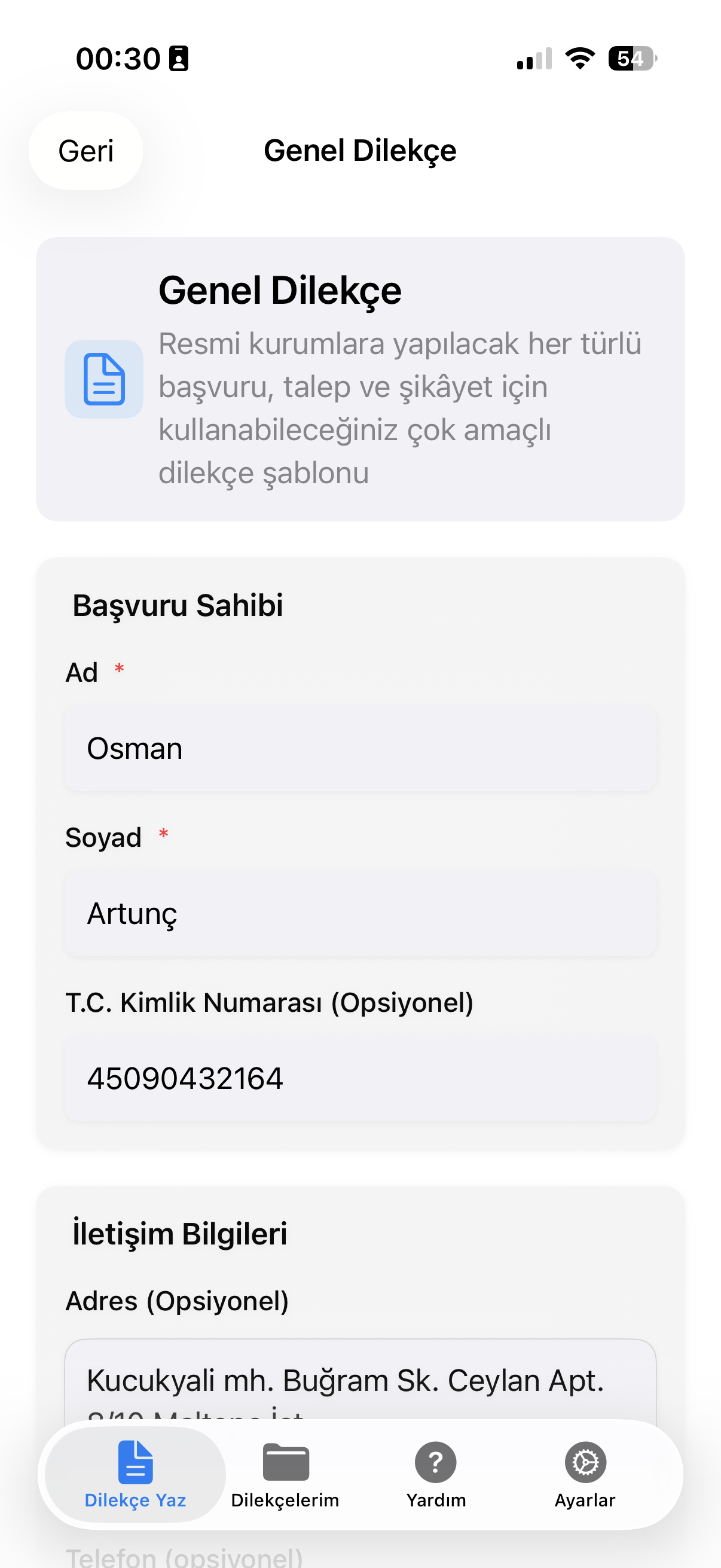 Dilekçe formu doldurma