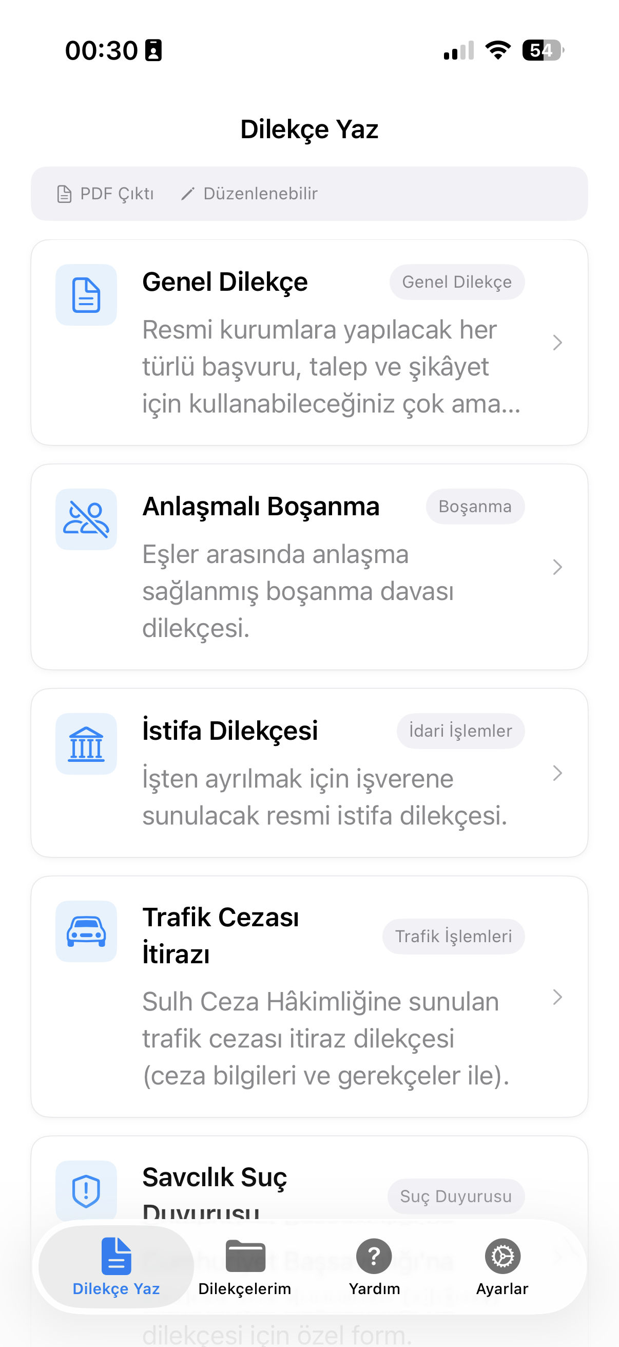 Dilekçe şablonları listesi